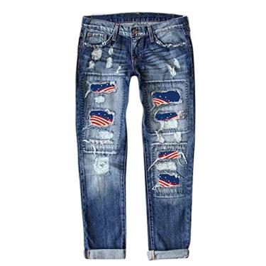 Imagem de Calça jeans feminina com estampa do Dia da Independência, calça jeans rasgada, calça jeans boca de sino para mulheres, Azul escuro, M