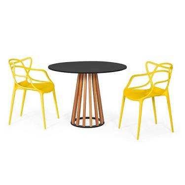 Imagem de Conjunto Mesa de Jantar Redonda Preta 100cm Talia Amadeirada com 2 Cadeiras Allegra - Amarelo