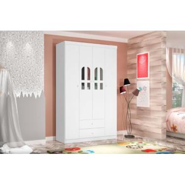 Imagem de Roupeiro/Armário ALL Modelo Infantil 4 Portas Com Detalhes em Acrílico + 2 Gavetas Com Pintura UV e Verniz Brilhante Cor Branco