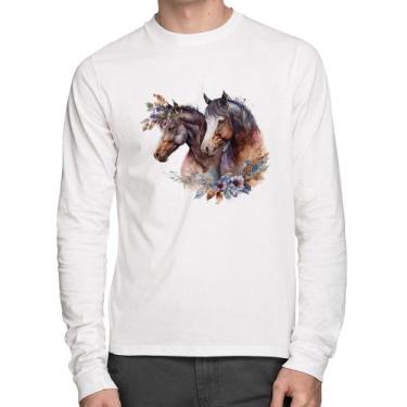 Imagem de Camiseta Algodão Casal De Cavalos E Flores Manga Longa - Foca Na Moda