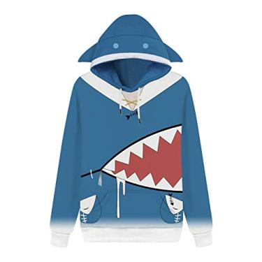 Imagem de Moletom com capuz CosplayCos VTuber Gawr Gura Cosplay pulôver chapéu tubarão moletom com zíper fantasia de Halloween unissex adulto