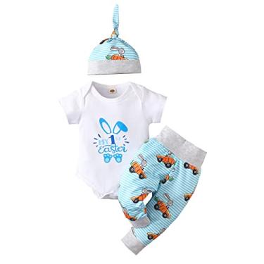 Imagem de Macaquinho de manga curta com letras de manga curta para bebês recém-nascidos da Páscoa, calça listrada de desenho animado, roupas de Páscoa para bebês, Azul, 6-12 Meses