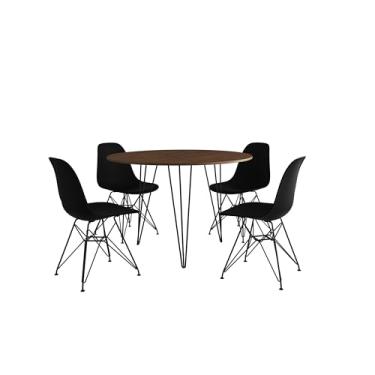 Imagem de Mesa de Jantar Redonda 90cm Amendoa Clips 3 Pés Preto com 4 Cadeiras Pretas Eames Eiffel