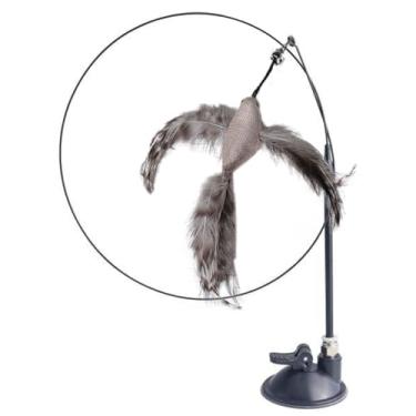Imagem de Chewtoyo Varinha interativa Cat com ventosa – Brinquedo de treinamento flexível de penas sintéticas estendidas para diversão de animais de estimação, alívio do estresse em cinza e café