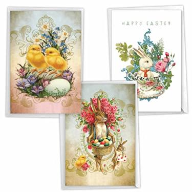 Imagem de NobleWorks Pacote sortido de 3 cartões de felicitações de Páscoa com envelopes (3 modelos, 1 cada) pintinhos e coelhos floridos VC10395EAG-C1x3