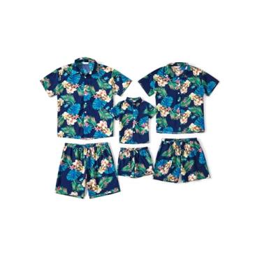 Imagem de PATPAT Conjunto de camisetas e shorts com estampa floral de plantas tropicais havaianas para a família, Navy Tropics, G