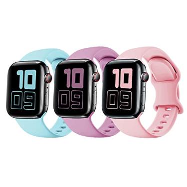 Imagem de [Pacote com 3] Pulseira de silicone compatível com Apple Watch para crianças, pulseiras de substituição esportivas macias para iWatch séries 8, 7, 6, 5, 4, 3, 2, 1 SE, 42 mm, 44 mm, 45 mm, pulsos pequenos para meninos e meninas ou adultos - roxo + verde + rosa
