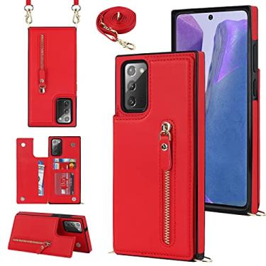 Imagem de YDIJCYAN Capa tipo carteira transversal para Samsung Galaxy Note 20 com compartimento para cartão com bloqueio de RFID, capa de carteira magnética, bolsa de couro PU com zíper e alça de cordão removível - vermelha