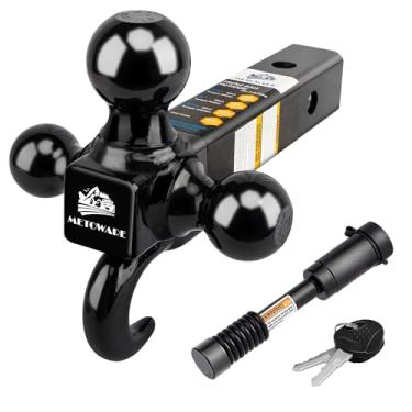 Imagem de MEOTWARE Suporte Tri-Ball para engate de reboque com gancho – Bola de reboque resistente, tamanho 4,5 cm, 5 cm e 6,5 cm, serve para caminhonete receptora de 5 polegadas, haste oca com trava de engate