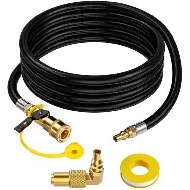 Imagem de PatioGem Mangueira de propano de conexão rápida de 12 pés para RV para grelha, adaptador de mangueira de propano com válvula de corte de 1/4" e plugue de fluxo completo macho de 1/4", mangueira LP RV com adaptador de cotovelo para chapas Blackstone de 43 e 55 cm