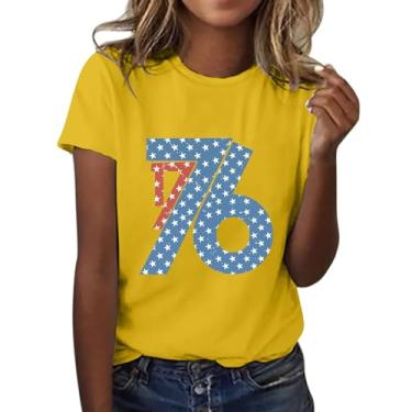 Imagem de Camiseta feminina com bandeira americana 2024 4 de julho Patriotic Shirts 1776 Stars Graphic Crew Neck Tops de verão, Amarelo, G