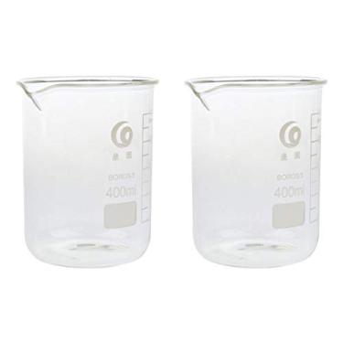 Imagem de 2 copos medidores de vidro de 400 ml | Vidraria resistente de qualidade de laboratório para química, pesquisa e educação | Bico de derramamento e área de marcação extragrande | Alta temperatura e