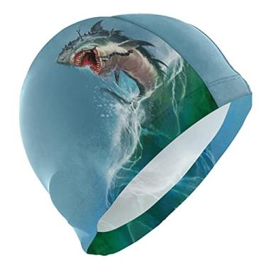 Imagem de Dallonan Touca de natação Big Shark Waves Scary Fish unissex adulto touca de natação poliéster