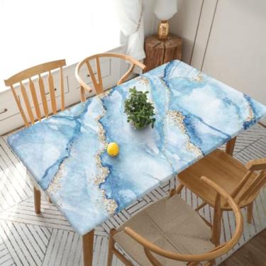 Imagem de Fiokroo Toalha de mesa de mármore azul com borda elástica para mesa retangular de 1,5 m, toalha de mesa lavável para cozinha, jantar, festa, decoração de piquenique ao ar livre, 152 cm C x 76 cm L