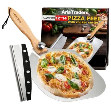Imagem de AriaTraders Casca de pizza de metal de alumínio (30,5 x 35,5 cm), espátula de pizza com cortador basculante de 35,5 cm, pá de pizza com cabo de madeira dobrável para armazenamento fácil, espátula de