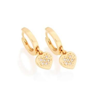 Imagem de Brincos banhado ouro 3x 24k 18k e 22k femininos argola coração zircôni