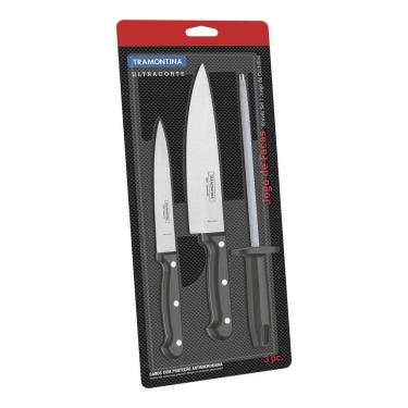 Imagem de Jogo De Facas Com Chaira Tramontina Com Laminas Em Aço Inox E Cabos De Polipropileno Preto 3 Peças