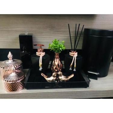 Imagem de Kit Lavabo Preto Rose Gold Lixeira Porta Escovas Potes Aroma Sabonete 
