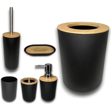 Imagem de Acessórios de Banheiro Com 6 Peças em Preto e Bamboo Ideal Para Presen