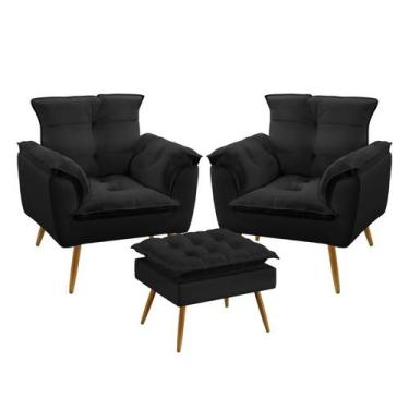 Imagem de Kit 2 Poltronas Decorativas Estofada Opala e Puff Lunar Sued Preto Ara