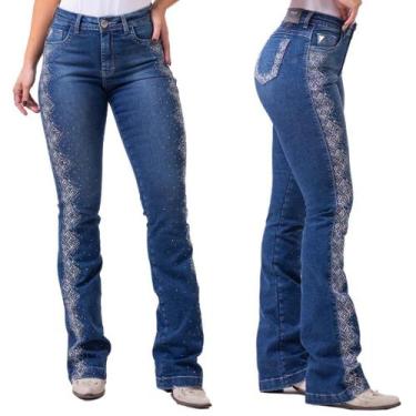 Imagem de Calça Feminina Original Buphallos Jeans Premium Azul Bootcut Brilho R.