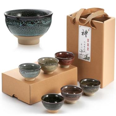 Imagem de Skyley Conjunto de 6 peças de copos de soju coreano, copos de porcelana, xícaras de cerâmica coreana, acessórios de chá, utensílios de bebida, cerâmica artesanal (multicolorido, padrão elegante)