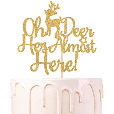 Imagem de Gold Glitter Oh Deer He's Almost Here Cake Topper, Oh, Boy/Sweet Baby Boy, Winter Christmas Themed Baby Shower/Gender Reveal Party Decorations