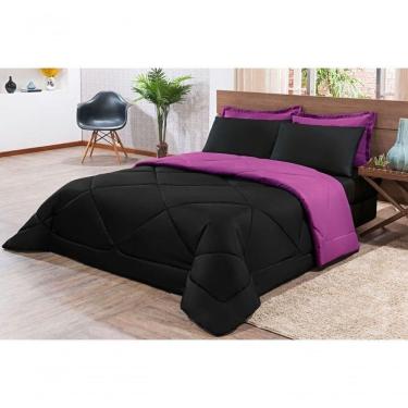 Imagem de Kit Edredom + Jogo De Lençol Aconchego Look House Dupla Face Casal King 06 Peças - Preto E Roxo