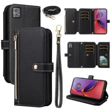 Imagem de Dswteny Capa carteira para Motorola Moto G84 5G com alça de pulso alça de ombro bolsa com zíper, couro PU de luxo flip suporte para cartão de crédito acessórios capa de celular para G 84 2023 mulheres