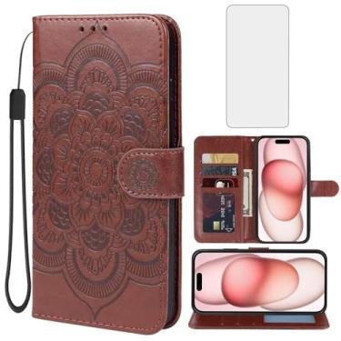 Imagem de Bohefo Capa para iPhone 15 Plus de 6,7 polegadas, capa carteira Apple 15 Plus com protetor de tela de vidro temperado, capa flip de couro mandala com suporte para cartão de crédito para iPhone 15 Plus