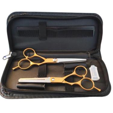Imagem de Kit tesouras profissional cabelereiro estojo 4 peças dourado lmf-1150 