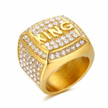 Imagem de HETIMXIA Anel King com gelo para homens, anel quadrado liso para mulheres, anel hip hop, aço inoxidável 316, radiante, estilo cubano, joias com gelo, punk, clube, anel de metal pesado, cerimônia de