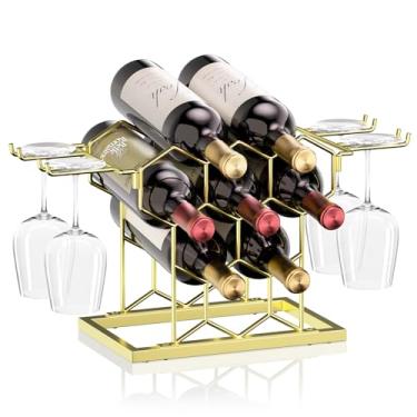 Imagem de NANAGIFTREE Rack de vinho de bancada, 8 garrafas de metal preto moderno independente pequeno, suporte de vinho de mesa de 3 camadas para armário, despensa - bancadas de rack de vinho (dourado)
