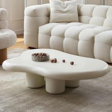 Imagem de Mesa de centro irregular, mesa de centro de nuvem branca creme, mesa de chá redonda de design simples, mesa de canto pequena, mesa de coquetel de madeira para sala de estar, 120 x 76 x 40 cm