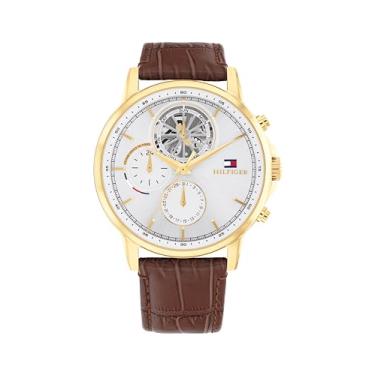 Imagem de Tommy Hilfiger Relógio clássico de quartzo multifuncional - relógio de pulso masculino com pulseira de couro - resistente à água até 5 ATM/50 metros - moda premium para uso diário - 44 mm, Marrom