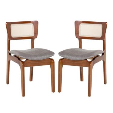 Imagem de Kit 2 Cadeiras de Jantar Portugal Madeira Imbuia com Encosto Tela Rattan Linho Cinza L55