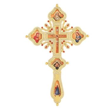 Imagem de RZRHMUHN Cruz ortodoxa, crucifixo de metal, decoração de cruz de Jesus, cruz de Jesus de mão, igrejas, casamentos, funerais, 30 x 19 cm, ouro (cruz)