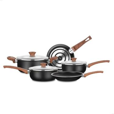 Imagem de Jogo de Panelas Tampa de Vidro Black Ceramica Antiaderente Pretas Cabo Soft Touch Acabamento Imita madeira Tecnologia