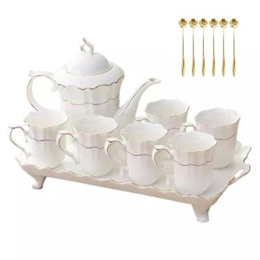 Imagem de Ecentaur Conjunto de 14 peças de bule de chá de porcelana xícara de café xícara de chá com colher dourada suporte de bandeja de chá conjuntos de presente