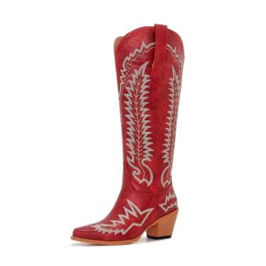 Imagem de Aizhenzm Botas femininas de cowboy de panturrilha larga sem cadarço, confortáveis, plus size, cowgirl, cano alto, estilo ocidental, Vermelho, 8 Wide