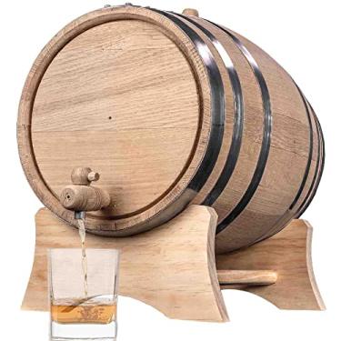 Imagem de Barril de carvalho de 5 galões (série destilaria - aros de aço, não envernizados) com suporte de madeira, batom e torneira - Barril de uísque Bourbon carbonizado de 20 litros para o cervejeiro