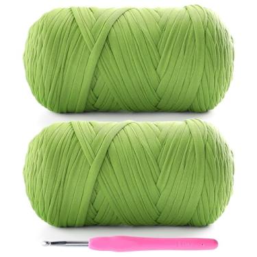 Imagem de Lpalats Pacote com 2 fios de camiseta para crochê - 800 g/260 m, tecido elástico macio, 1 agulha de crochê (2, verde outono)