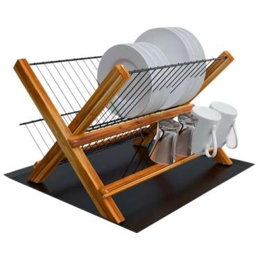 Imagem de Escorredor de Louça Dobrável Madeira Teca com Bandeja 15 Pratos e 5 Co