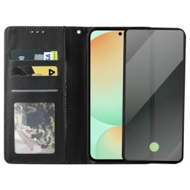 Imagem de Capinha Carteira Flip com Película 3D Privacidade Compatível Samsung Galaxy S24 Fe, Preta, Compartimentos para Cartões