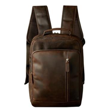 Imagem de Mochila de viagem de couro genuíno casual para homens bolsa de ombro de couro vintage grande capacidade retro bolsa para portátil de couro masculino