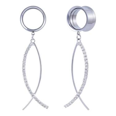 Imagem de POBAISITER 2 peças brincos geométricos de zircão em forma de peixe em forma de orelha de aço inoxidável com alargador duplo alargado e alargador expansor de parafuso para mulheres joias de piercing