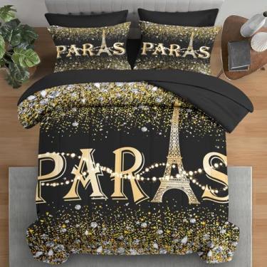 Imagem de Pamnest Jogo de edredom Queen, Paris vintage, preto, 7 peças, diamante amarelo, Torre Eiffel com elástico, 2 fronhas e 2 fronhas para decoração de quarto