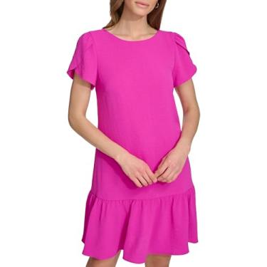 Imagem de DKNY Vestido feminino rodado de manga curta e bainha com babados, Rosa poderoso, 48