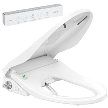 Imagem de BATHKITY Assento sanitário de bidê inteligente, assento sanitário aquecido elétrico com lavagem instantânea de bidê quente e secador de ar quente, bocal de aço inoxidável autolimpante, tampa macia,