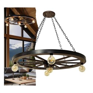 Imagem de Luminária Roda de Carroça Gigante Para 5 Lâmpadas Estilo Rústico Madeira Pinus Suspensa Lustre Pendente Decorativo Ambientes Aconchegantes Sala Jantar Varanda Chácara Casa de Campo